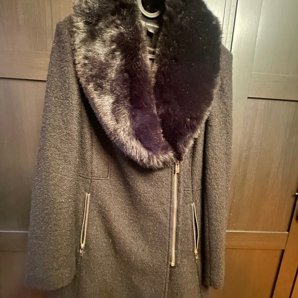 INC International Concepts Womens Over Coat Black Asymmetric Zip Fur Trim (XS)